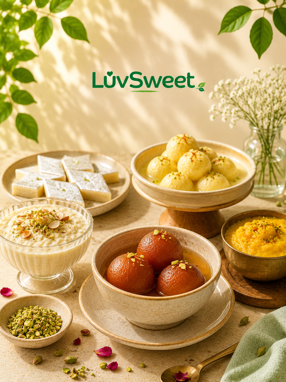 Indian sweets including gulab jamun, rasmalai, and kaju katli