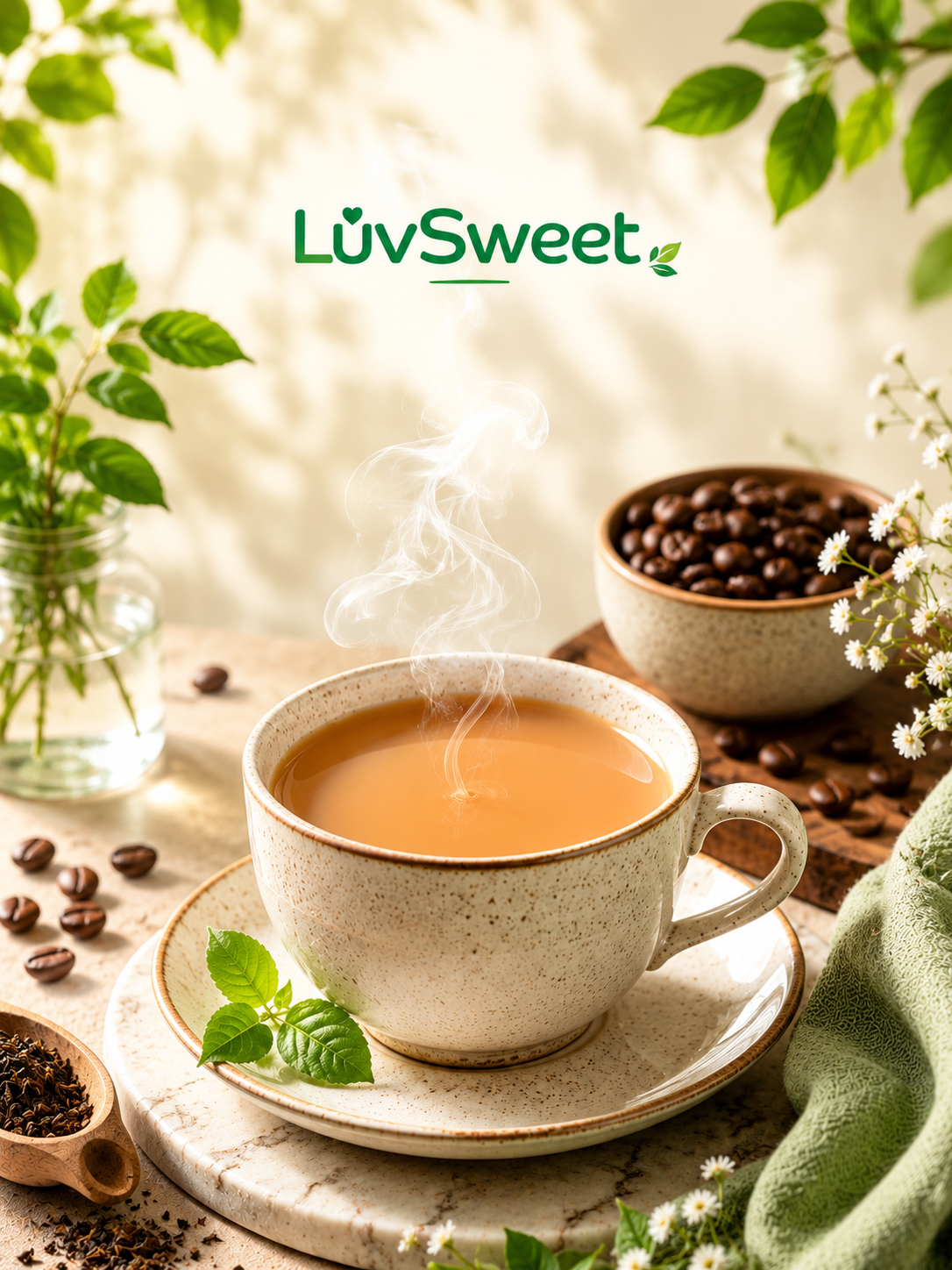 Cup of tea surrounded by coffee beans and tea leaves